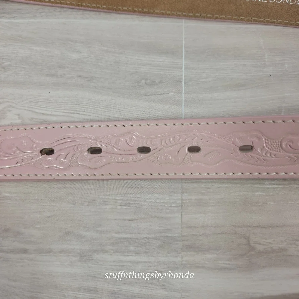 Nocona WESTERN Tooled Belt‎ & Horse Head Buckle Pink Genuine Leather 27